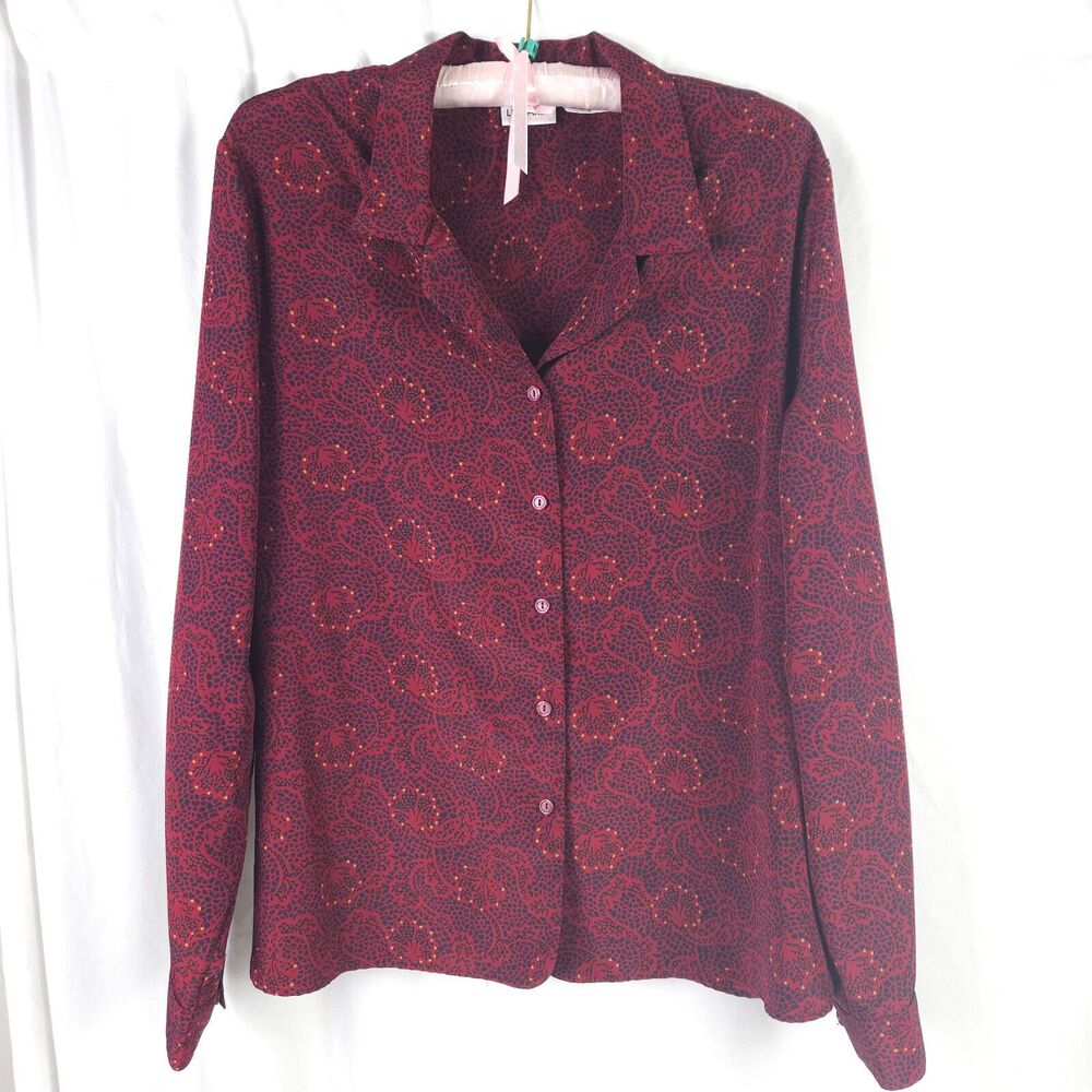 VTG Liz Baker Burgundy Floral Paisley Long‎ Sleeve Blouse Womens 14